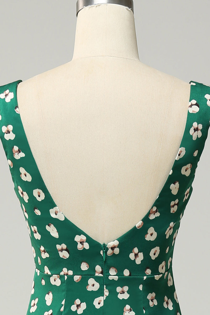 Załaduj obraz do przeglądarki galerii, Kwiatowy Nadruk Zielona Sukienki Dla Druhny Z Rozcięciem