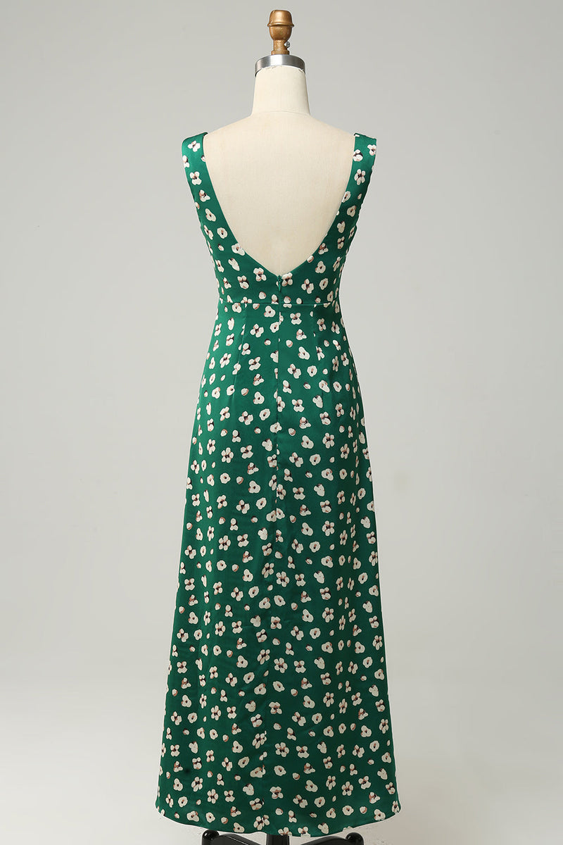 Załaduj obraz do przeglądarki galerii, Kwiatowy Nadruk Zielona Sukienki Dla Druhny Z Rozcięciem