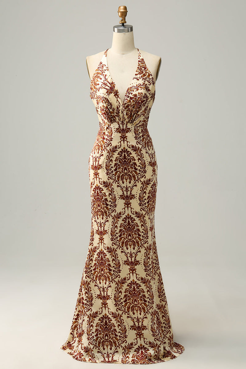 Załaduj obraz do przeglądarki galerii, Syrena Brązowa Długa Sukienki Dla Druhny z Nadrukiem