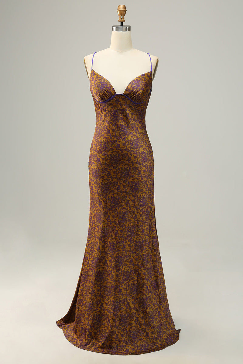 Załaduj obraz do przeglądarki galerii, Brązowa Długa Sukienki Dla Druhny Z Nadrukiem Kwiatowym