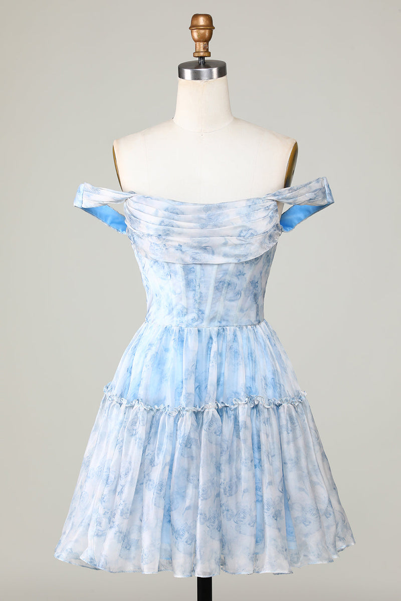 Załaduj obraz do przeglądarki galerii, Śliczna linia z ramienia Niebieska nadrukowana krótka sukienka do domu z marszczeniami