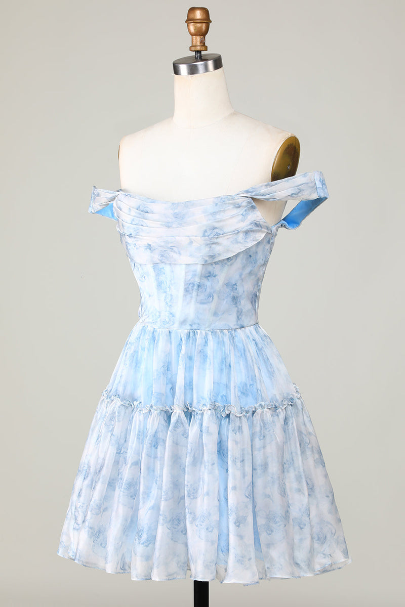 Załaduj obraz do przeglądarki galerii, Śliczna linia z ramienia Niebieska nadrukowana krótka sukienka do domu z marszczeniami