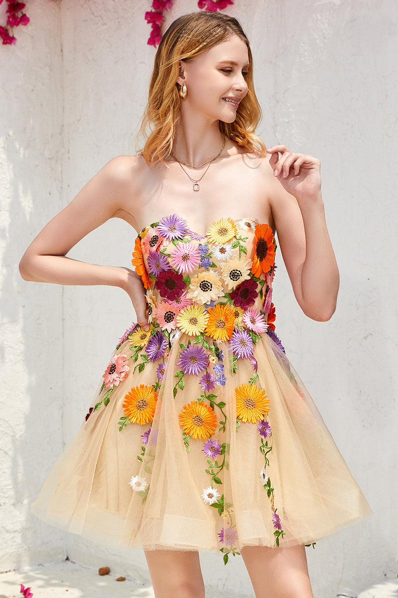 Załaduj obraz do przeglądarki galerii, Szampańska Sukienki Na Impreze Bez Ramiączek Z Kwiatami 3D