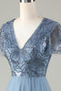 Załaduj obraz do przeglądarki galerii, Dekolt V Zakurzony Błękit Suknia Dla Druhen Z Frezowaniem
