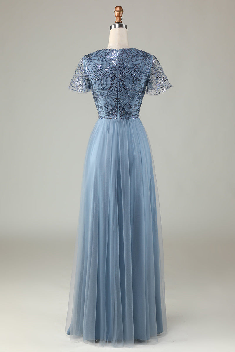 Załaduj obraz do przeglądarki galerii, Dekolt V Zakurzony Błękit Suknia Dla Druhen Z Frezowaniem
