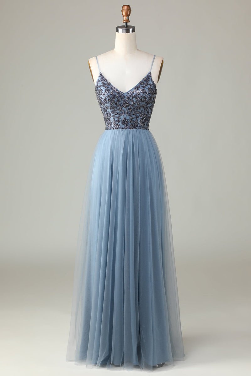 Załaduj obraz do przeglądarki galerii, Cienkich Ramiączkach Niebieska Tiulowe Sukienki Dla Druhny z Koralikami