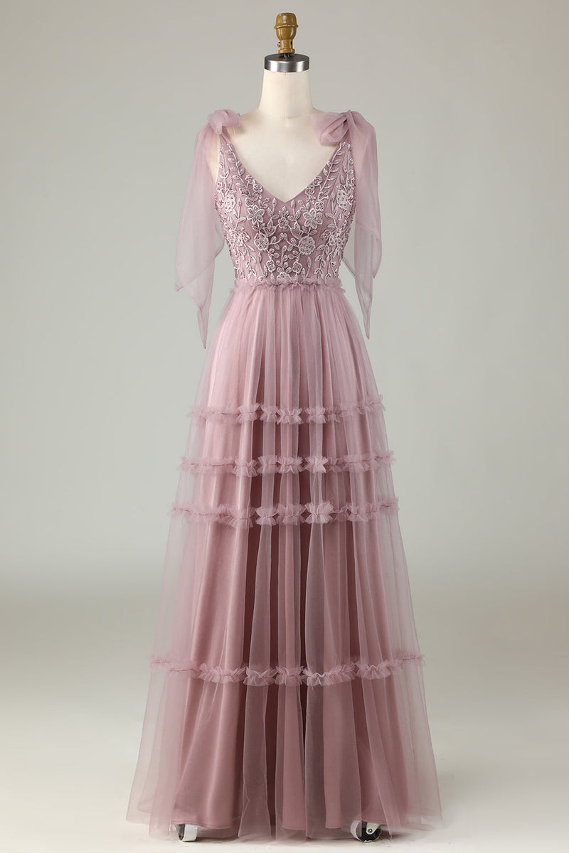 Załaduj obraz do przeglądarki galerii, Tiul Dekolt V Zakurzony Róż Sukienki Dla Druhny Z Frezowaniem
