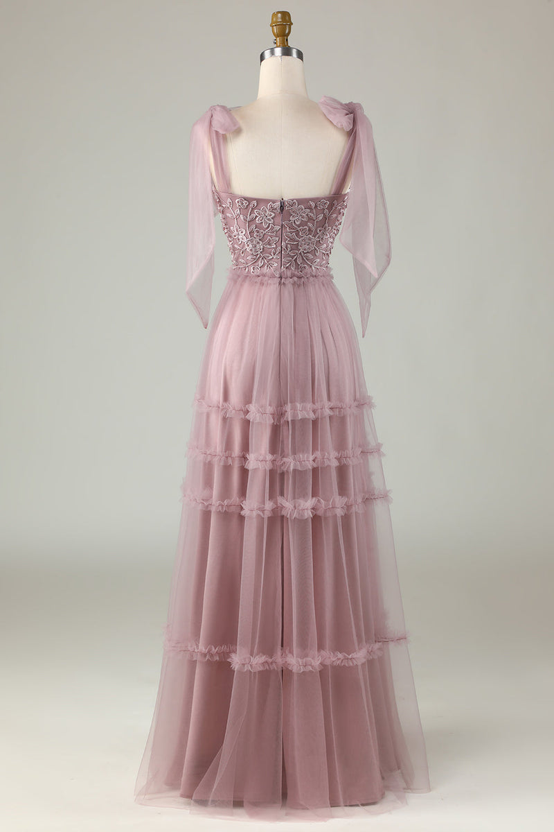Załaduj obraz do przeglądarki galerii, Tiul Dekolt V Zakurzony Róż Sukienki Dla Druhny Z Frezowaniem