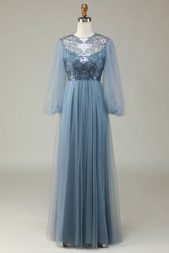 Niebieski Cekinowa Sukienka Z Długim Rękawem Dla Druhen