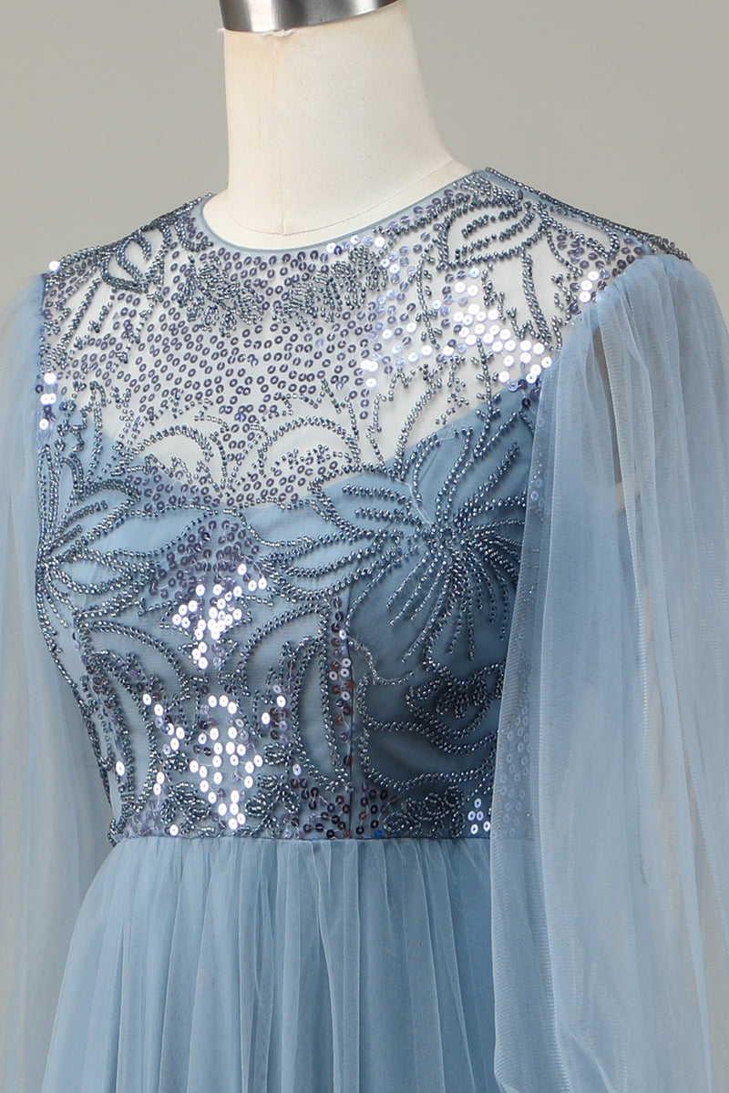 Załaduj obraz do przeglądarki galerii, Niebieski Cekinowa Sukienka Z Długim Rękawem Dla Druhen