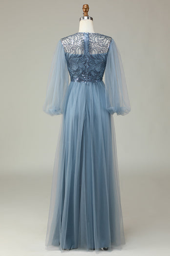 Niebieski Cekinowa Sukienka Z Długim Rękawem Dla Druhen