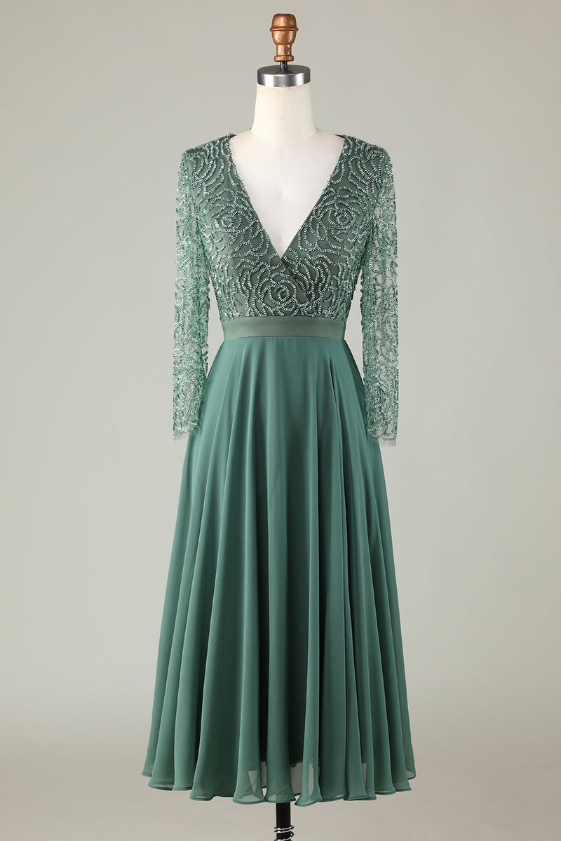 Załaduj obraz do przeglądarki galerii, Dekolt V Dlugi Rekaw Zielona Sukienki Dla Druhny z Koralikami