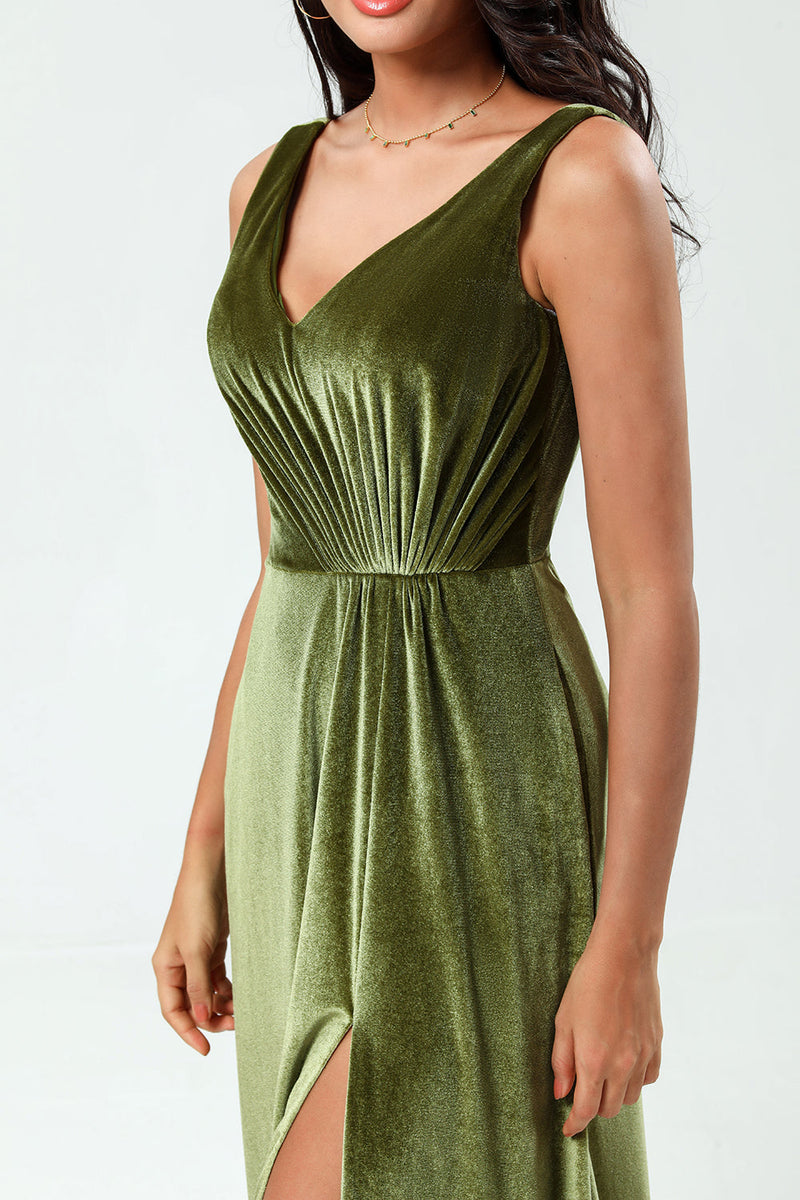 Załaduj obraz do przeglądarki galerii, Dekolt V Bez Rękawów Zielona Aksamitna Sukienki Dla Druhny Z Rozcięciem
