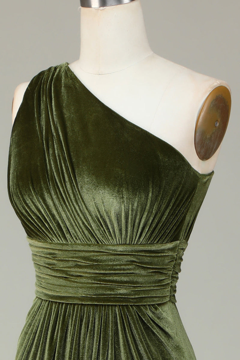 Załaduj obraz do przeglądarki galerii, Aksamitna Oliwkowa Sukienka Dla Druhen Na Jedno Ramię
