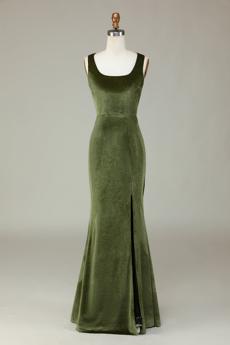 Załaduj obraz do przeglądarki galerii, Aksamitna Syrena Oliwkowa Sukienka Dla Druhen Z Rozcięciem