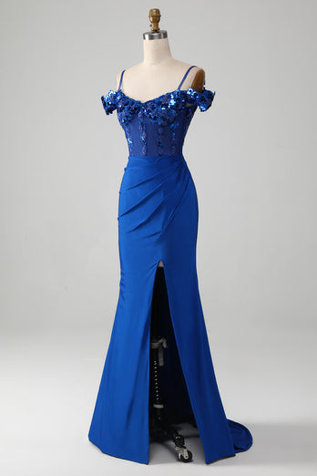 Królewska Niebieska Syrenka Cekinowe Sukienki Na Studniówke Z Rozcięciem