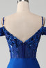 Załaduj obraz do przeglądarki galerii, Królewska Niebieska Syrenka Cekinowe Sukienki Na Studniówke Z Rozcięciem