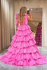 Załaduj obraz do przeglądarki galerii, Gorący Różowy Linia W Szpic Długa Warstwowa Sukienka Na Studniówkę