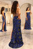 Załaduj obraz do przeglądarki galerii, Brokatowa Królewska Niebieska Długa Sukienka Na Studniówkę Z Rozcięciem