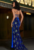 Załaduj obraz do przeglądarki galerii, Królewska niebieska syrenka na ramiączkach spaghetti cekiny długa sukienka na studniówkę z dodatkiem