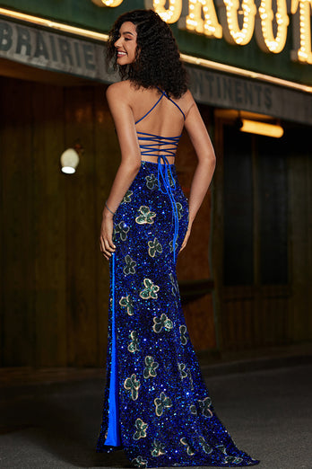 Królewska niebieska syrenka na ramiączkach spaghetti cekiny długa sukienka na studniówkę z dodatkiem