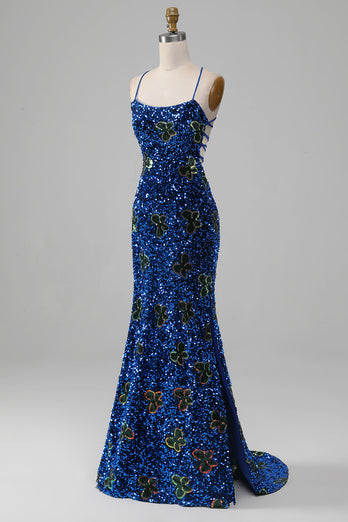 Cienkich Ramiączkach Królewska Niebieska Syrenka Cekinowa Sukienki Na Studniówke Z Rozcięciem