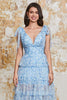 Załaduj obraz do przeglądarki galerii, Princess A Line V Neck Niebieska Długa Sukienka Na Bal Z Falbankami Rozcięcie