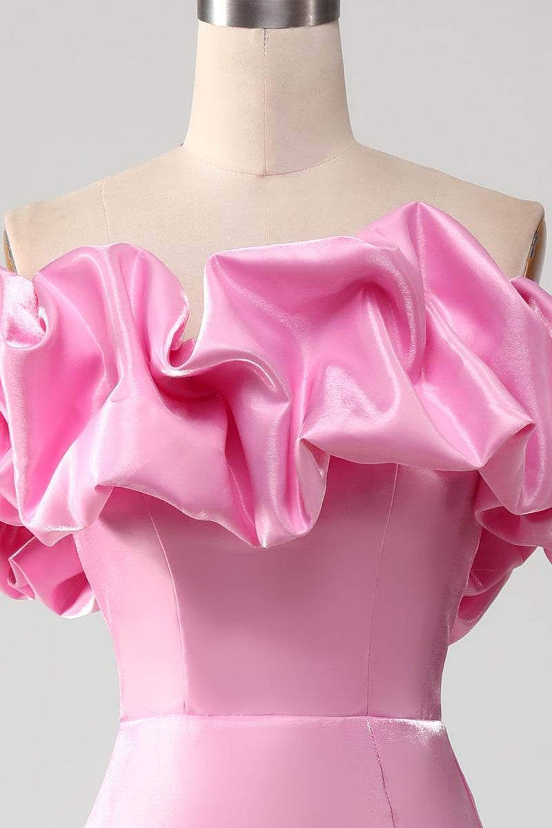Załaduj obraz do przeglądarki galerii, Syrena Różowa Sukienka Na Studniówkę Bez Ramiączek Z Falbankami