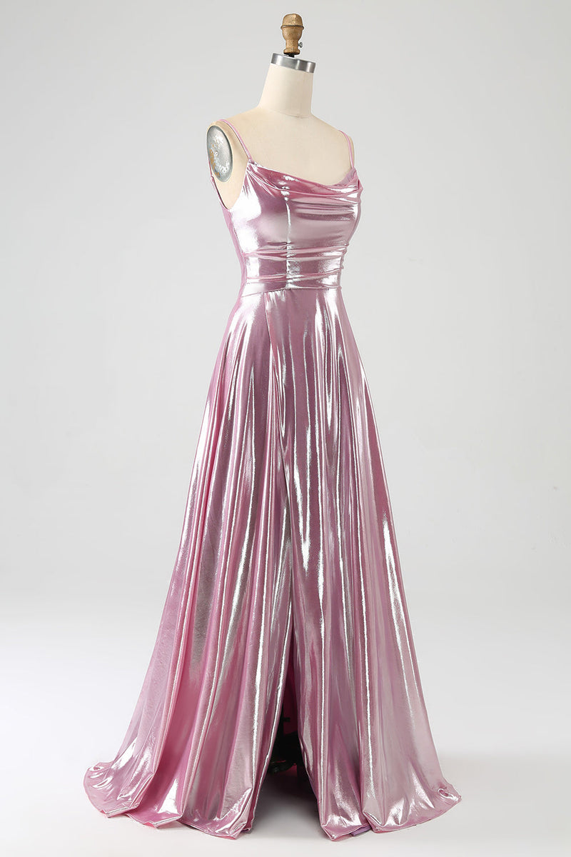 Załaduj obraz do przeglądarki galerii, Oszałamiająca Cienkich Ramiączkach Różowa Długa Sukienka Na Studniówkę Z Rozcięciem