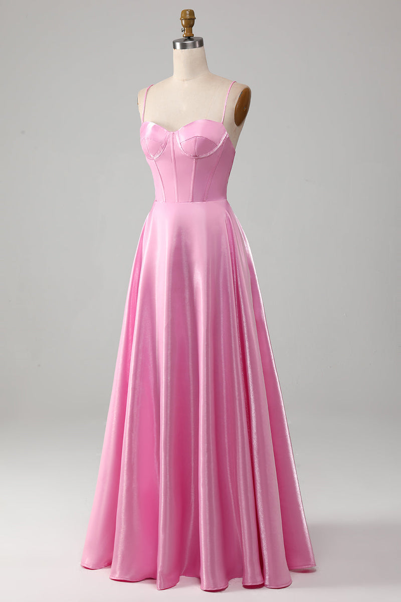 Załaduj obraz do przeglądarki galerii, Cienkich Ramiączkach Różowa Sukienki Na Studniówke Z Gorsetem