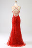 Załaduj obraz do przeglądarki galerii, Brokatowa Czerwona Syrenka Długa Cekiny Sukienka Na Studniówkę Z Rozcięciem