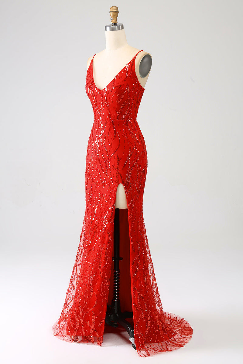 Załaduj obraz do przeglądarki galerii, Brokatowa Czerwona Syrenka Długa Cekiny Sukienka Na Studniówkę Z Rozcięciem