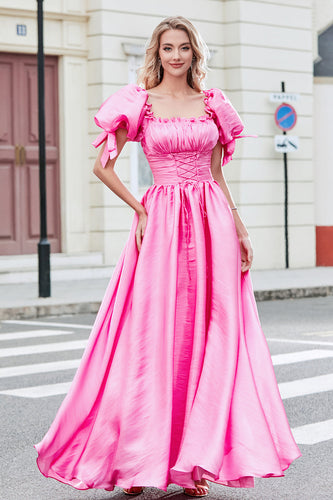 Princess A Line Kwadratowy Dekolt Gorący Różowy Długa Sukienka Na Studniówkę Z Bufiastymi Rękawami