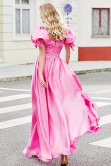 Princess A Line Kwadratowy Dekolt Gorący Różowy Długa Sukienka Na Studniówkę Z Bufiastymi Rękawami