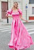 Załaduj obraz do przeglądarki galerii, Princess A Line Kwadratowy Dekolt Gorący Różowy Długa Sukienka Na Studniówkę Z Bufiastymi Rękawami