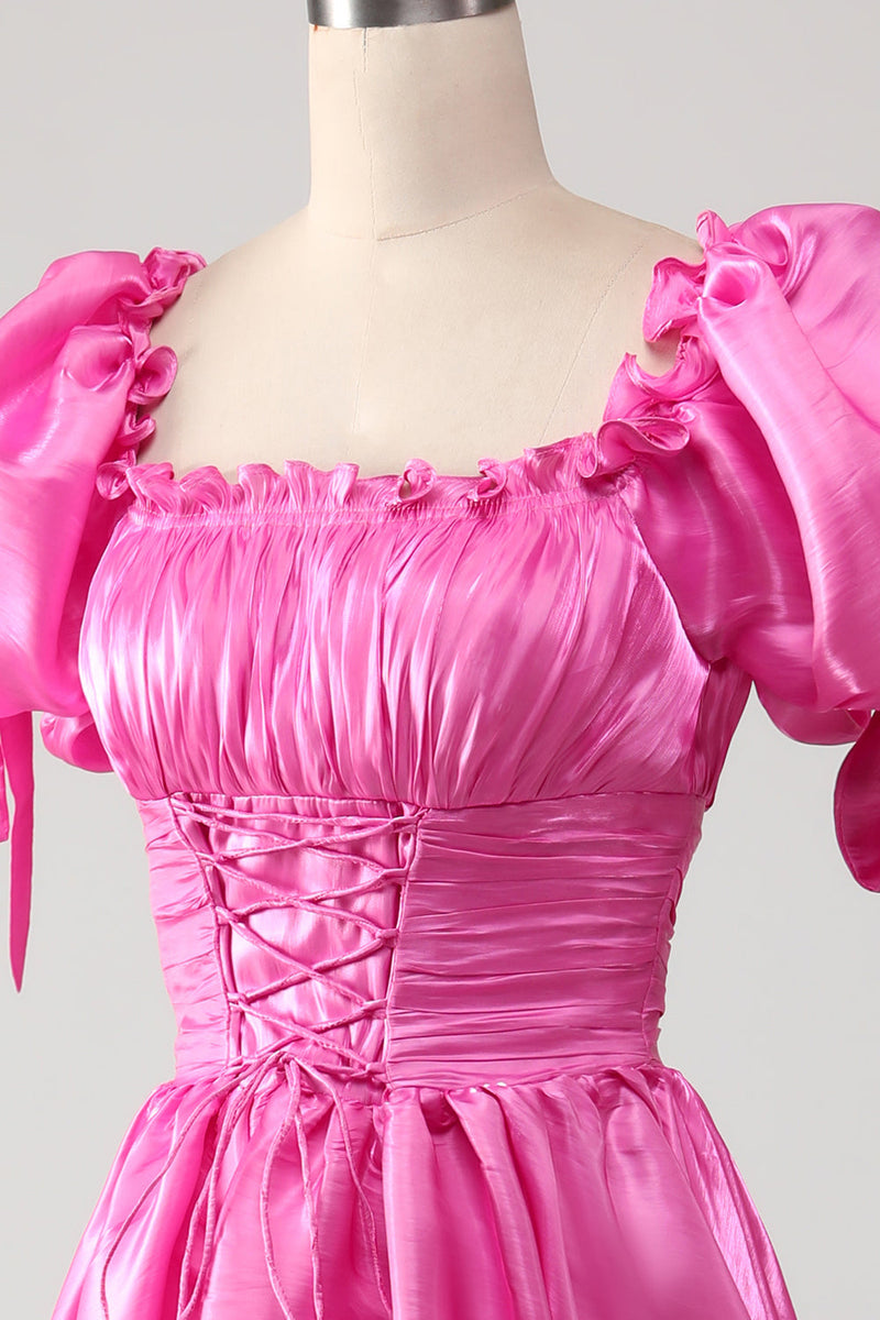 Załaduj obraz do przeglądarki galerii, Bufiaste Rękawy Gorąca Różowa Sukienki Na Studniówke Z Falbankami