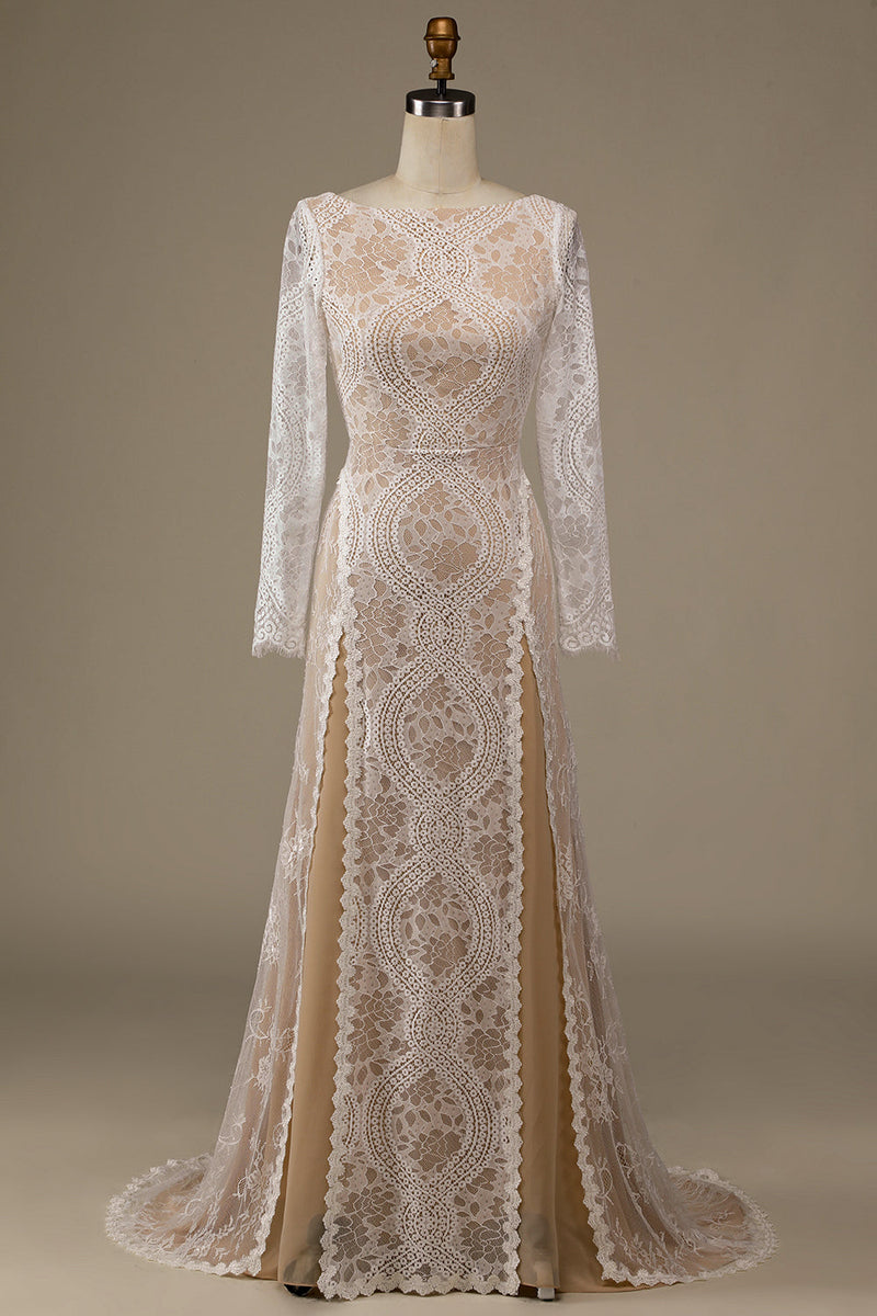 Załaduj obraz do przeglądarki galerii, Szampan Koronkowa Suknia Ślubna Z Długim Rękawem