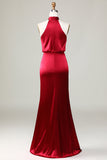 Mermaid Halter Bez rękawów Burgundy Bridesmaid Dress