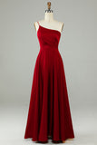 A-Line One Ramię Burgundy Long Bridesmaid Dress z falbanami