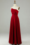 A-Line One Ramię Burgundy Long Bridesmaid Dress z falbanami