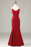 Spaghetti Straps Bez rękawów Burgundy Bridesmaid Dress z rozcięciem