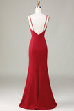 Spaghetti Straps Bez rękawów Burgundy Bridesmaid Dress z rozcięciem