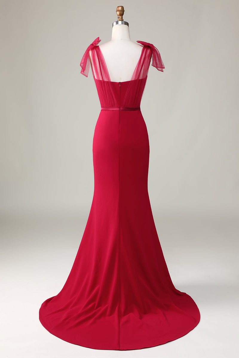 Załaduj obraz do przeglądarki galerii, Syrena Satyna Bordowa długa suknia druhny z kokardkami