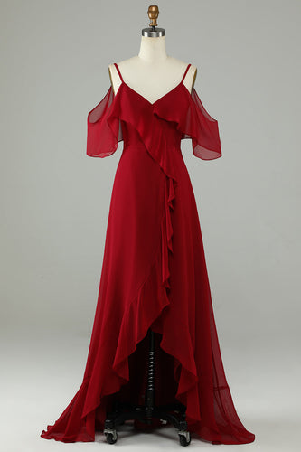 Asymetryczna Zimna Shoudler Burgundia Długa Sukienki Dla Druhny Z Marszczeniami