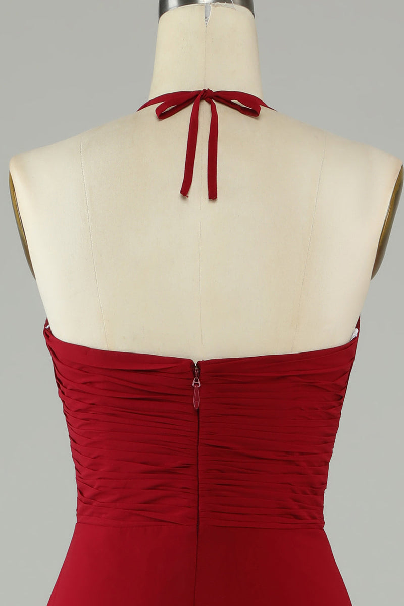 Załaduj obraz do przeglądarki galerii, A-Line Halter Bordowa długa sukienka druhny z rozcięciem