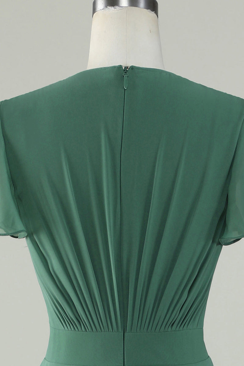 Załaduj obraz do przeglądarki galerii, V-Neck Krótki rękaw Eukaliptus Sukienka dla druhen z kokardą