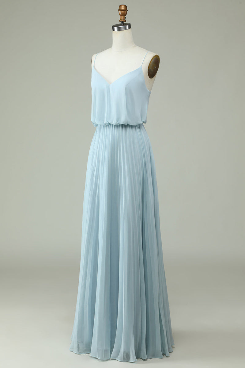 Załaduj obraz do przeglądarki galerii, Szyfonowe paski spaghetti błękitna długa sukienka dla druhen