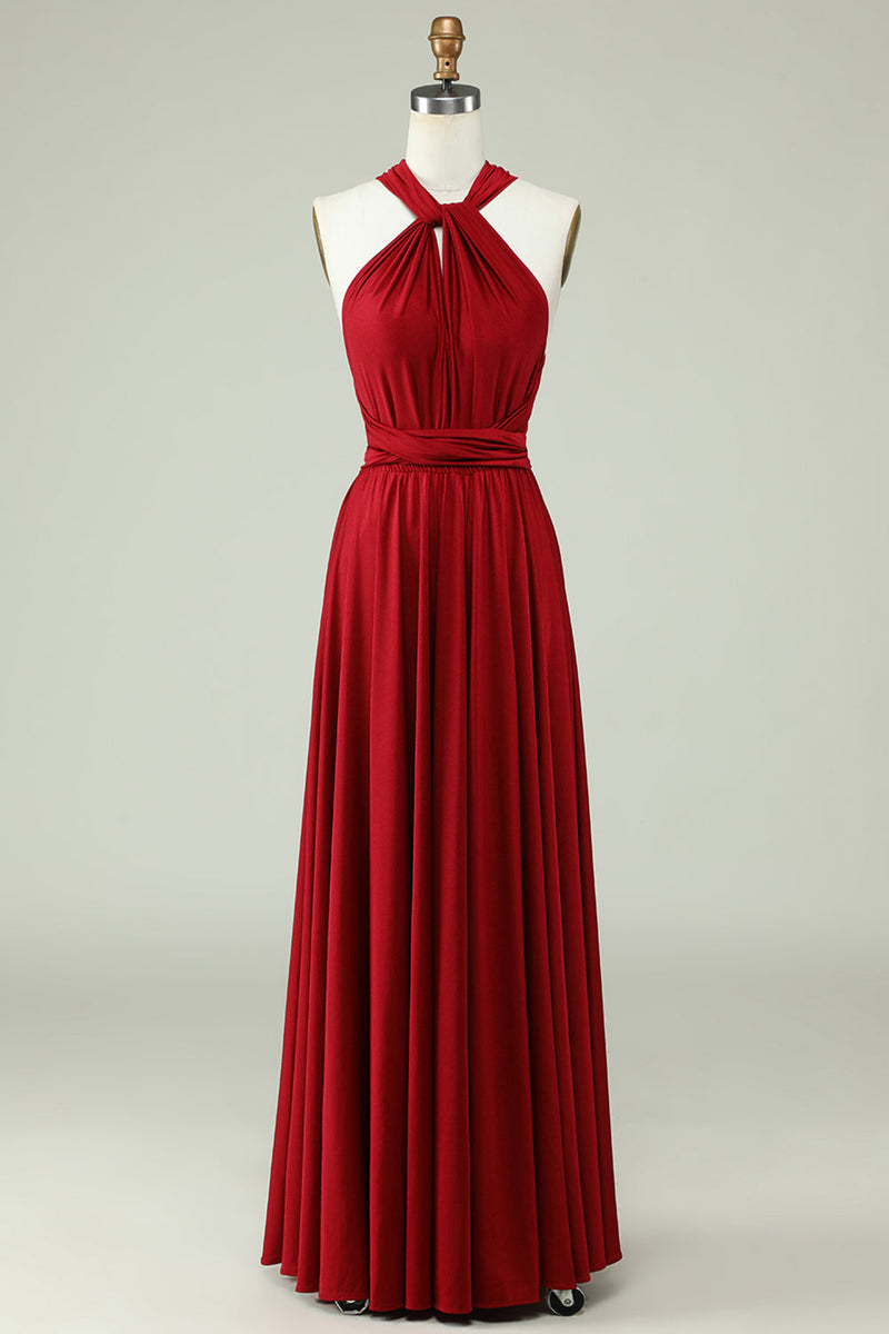 Załaduj obraz do przeglądarki galerii, A-Line Halter Bordowa długa sukienka dla druhen