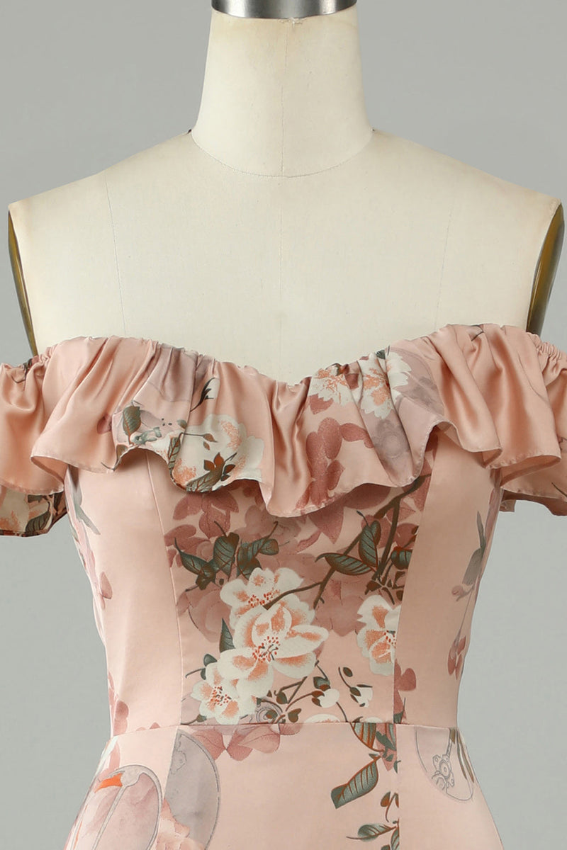 Załaduj obraz do przeglądarki galerii, Kwiat wydrukowany z The Shoudler Blush Długa sukienka druhny z rozcięciem