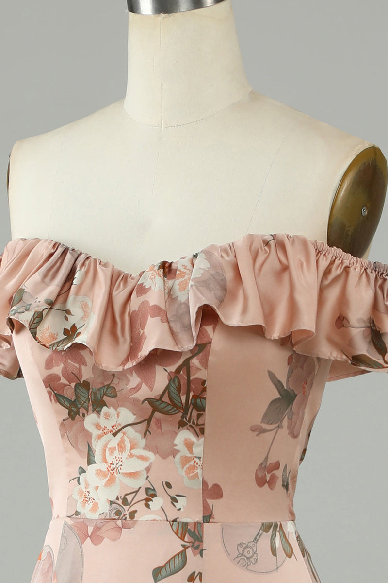 Załaduj obraz do przeglądarki galerii, Kwiat wydrukowany z The Shoudler Blush Długa sukienka druhny z rozcięciem